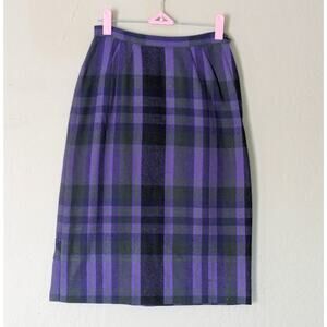 Vintage Purple Green Plaid Pencil Skirt Kick Pleat Metal Zip Sz S